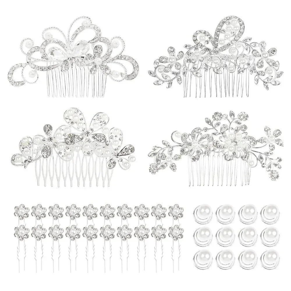 36 Pack Sparkly Silver Rhinestone Pearl Flower Butterfly Bridal Hair Side Combs+